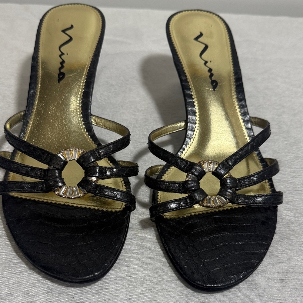 Nina Black and Gold Strappy Heels